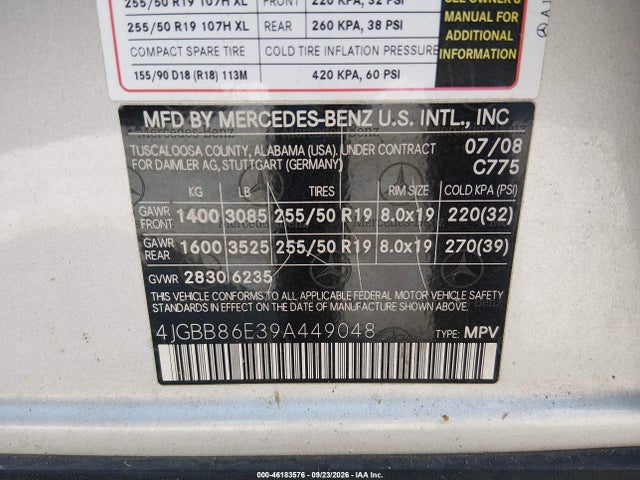 46183576 :رقم المزاد ، 4JGBB86E39A449048 vin ، 2009 Mercedes-benz Ml 350 مزاد بيع