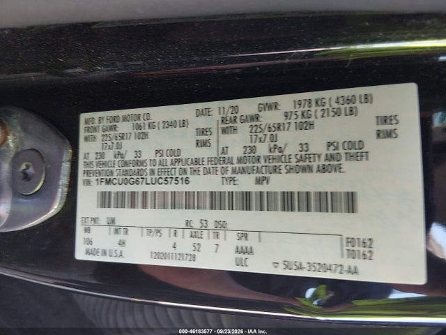 46183577 :رقم المزاد ، 1FMCU0G67LUC57516 vin ، 2020 Ford Escape Se مزاد بيع