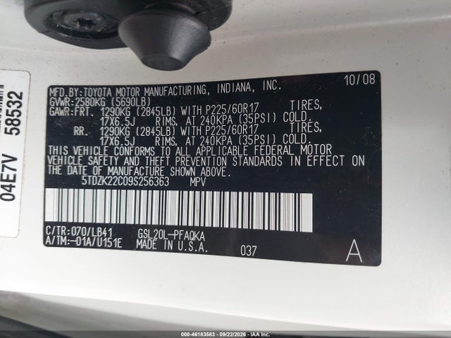 Aukcja sprzedaży 2009 Toyota Sienna Limited, vin: 5TDZK22C09S256363, numer aukcji: 46183583