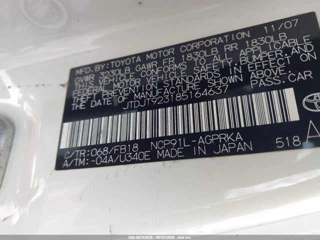 Aukcja sprzedaży 2008 Toyota Yaris, vin: JTDJT923185164637, numer aukcji: 46183625