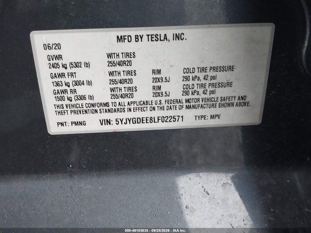 46183635 :رقم المزاد ، 5YJYGDEE8LF022571 vin ، 2020 Tesla Model Y Long Range Dual Motor All-wheel Drive مزاد بيع