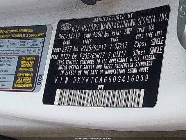 2013 Kia Sorento Lx მანქანა იყიდება აუქციონზე, vin: 5XYKTCA66DG416039, აუქციონის ნომერი: 46183641