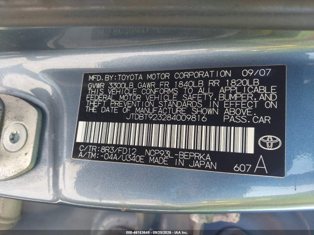 Auction sale of the 2008 Toyota Yaris, vin: JTDBT923284009816, lot number: 46183648
