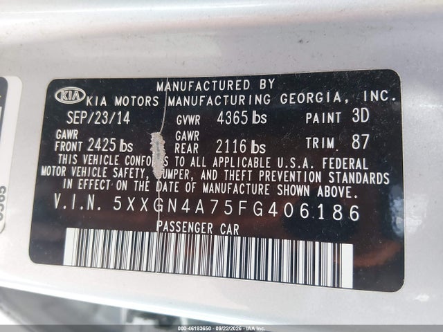 Продажа на аукционе авто 2015 Kia Optima Ex, vin: 5XXGN4A75FG406186, номер лота: 46183650
