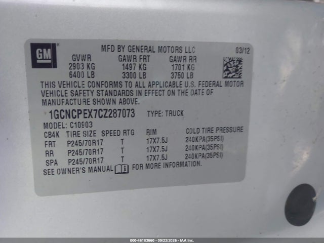 Продажа на аукционе авто 2012 Chevrolet Silverado 1500 Work Truck, vin: 1GCNCPEX7CZ287073, номер лота: 46183660