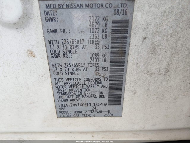 Продажа на аукционе авто 2016 Nissan Rogue Sv, vin: 5N1AT2MV1GC911049, номер лота: 46183676