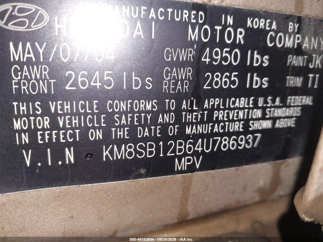2004 Hyundai Santa Fe მანქანა იყიდება აუქციონზე, vin: KM8SB12B64U786937, აუქციონის ნომერი: 46183694