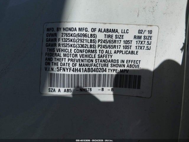 Продаж на аукціоні авто 2010 Honda Pilot Ex, vin: 5FNYF4H41AB040204, номер лоту: 46183696