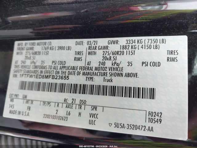 46183706 :رقم المزاد ، 1FTFW1ED8MFB23655 vin ، 2021 Ford F-150 Xlt مزاد بيع