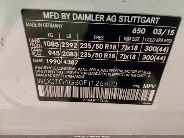 Продаж на аукціоні авто 2015 Mercedes-benz Gla 250 4matic, vin: WDCTG4GB0FJ126623, номер лоту: 46183716