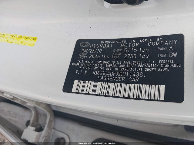 2011 Hyundai Genesis 4.6 მანქანა იყიდება აუქციონზე, vin: KMHGC4DFXBU114381, აუქციონის ნომერი: 46183722
