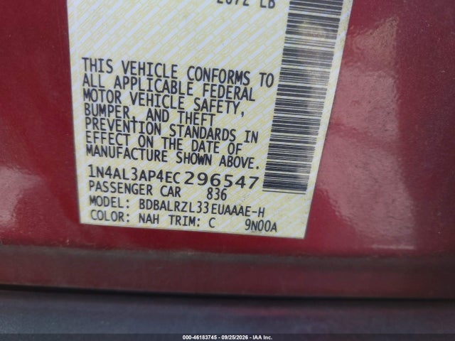 Продаж на аукціоні авто 2014 Nissan Altima 2.5 S, vin: 1N4AL3AP4EC296547, номер лоту: 46183745