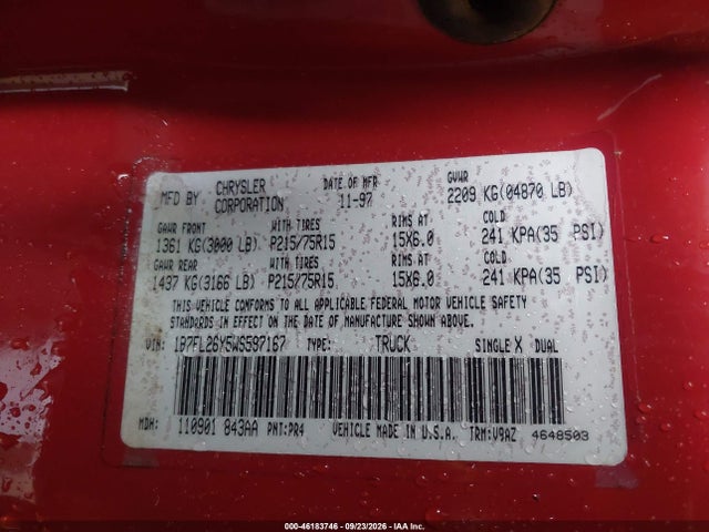 46183746 :رقم المزاد ، 1B7FL26Y5WS597167 vin ، 1998 Dodge Dakota Slt/sport مزاد بيع
