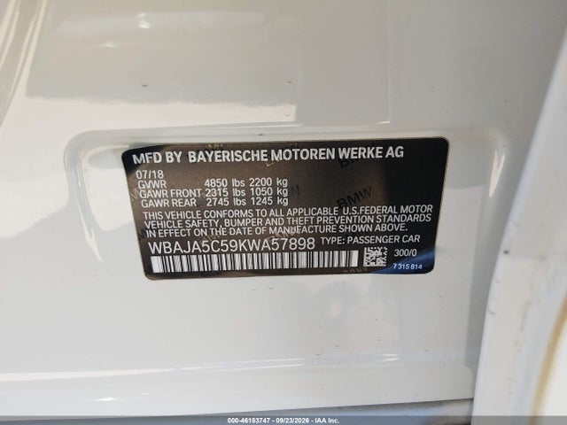 46183747 :رقم المزاد ، WBAJA5C59KWA57898 vin ، 2019 Bmw 530i مزاد بيع