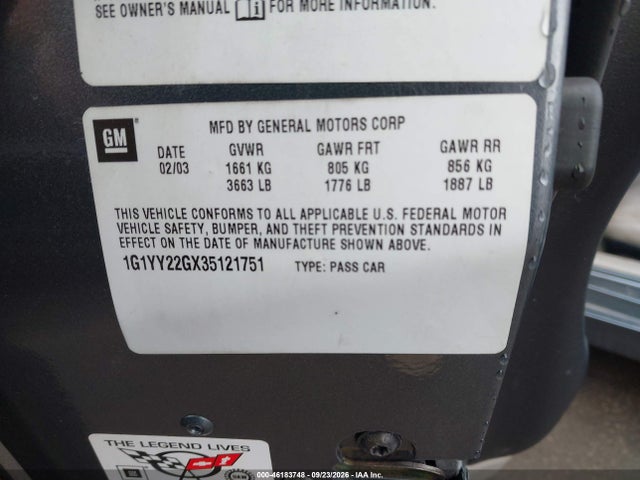 Aukcja sprzedaży 2003 Chevrolet Corvette, vin: 1G1YY22GX35121751, numer aukcji: 46183748