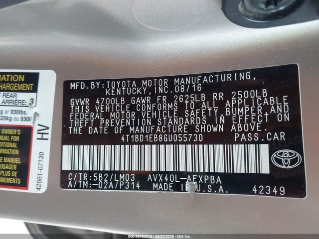 2016 Toyota Avalon Hybrid Limited მანქანა იყიდება აუქციონზე, vin: 4T1BD1EB8GU055730, აუქციონის ნომერი: 46183774