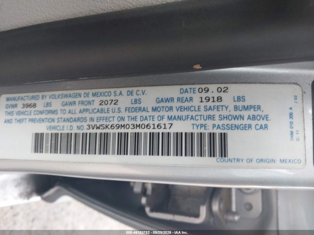 Aukcja sprzedaży 2003 Volkswagen Jetta Gls 2.0l, vin: 3VWSK69M03M061617, numer aukcji: 46183782