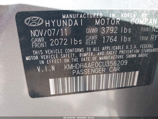 2012 Hyundai Elantra Limited (ulsan Plant) მანქანა იყიდება აუქციონზე, vin: KMHDH4AE0CU356209, აუქციონის ნომერი: 46183783