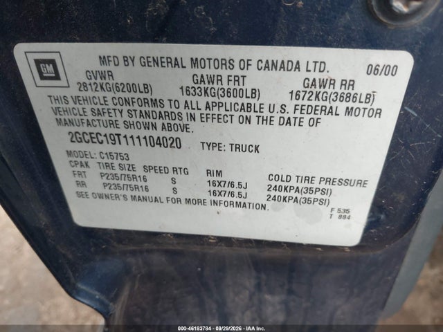 Aukcja sprzedaży 2001 Chevrolet Silverado 1500 Ls, vin: 2GCEC19T111104020, numer aukcji: 46183784