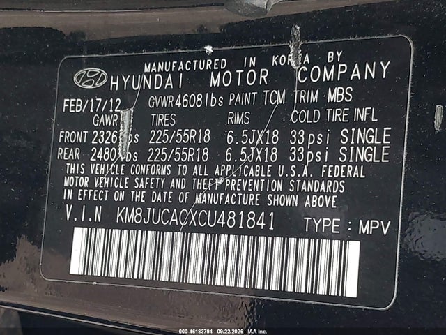 Продаж на аукціоні авто 2012 Hyundai Tucson Limited, vin: KM8JUCACXCU481841, номер лоту: 46183794