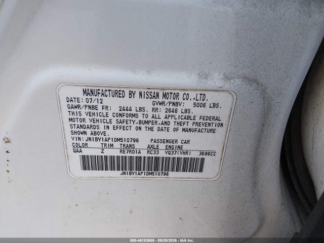 2013 Infiniti M37 მანქანა იყიდება აუქციონზე, vin: JN1BY1AP1DM510796, აუქციონის ნომერი: 46183808