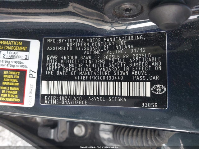 2012 Toyota Camry Xle მანქანა იყიდება აუქციონზე, vin: 4T4BF1FK4CR193449, აუქციონის ნომერი: 46183809