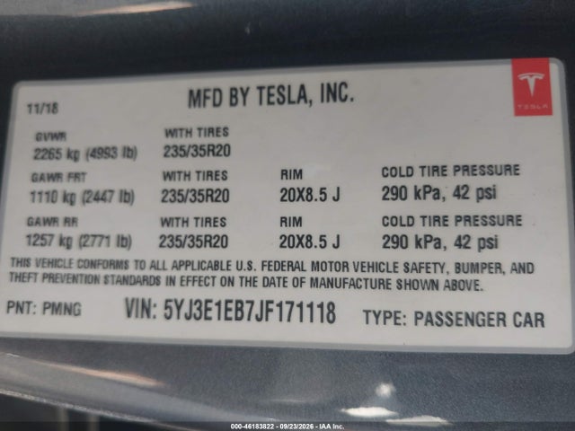 46183822 :رقم المزاد ، 5YJ3E1EB7JF171118 vin ، 2018 Tesla Model 3 Long Range/performance مزاد بيع