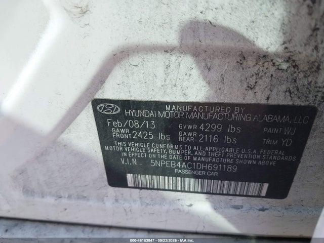Aukcja sprzedaży 2013 Hyundai Sonata Gls, vin: 5NPEB4AC1DH691189, numer aukcji: 46183847