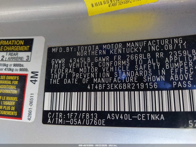 46183880 :رقم المزاد ، 4T4BF3EK6BR219156 vin ، 2011 Toyota Camry Le مزاد بيع