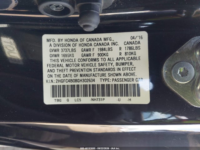 2HGFC4B08GH302634 Honda Civic Lx-p