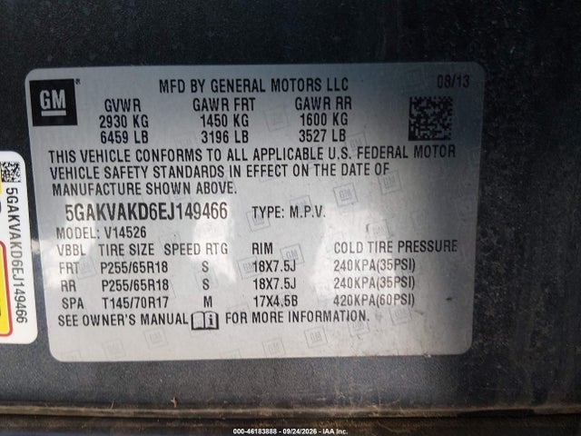 46183888 :رقم المزاد ، 5GAKVAKD6EJ149466 vin ، 2014 Buick Enclave Convenience مزاد بيع