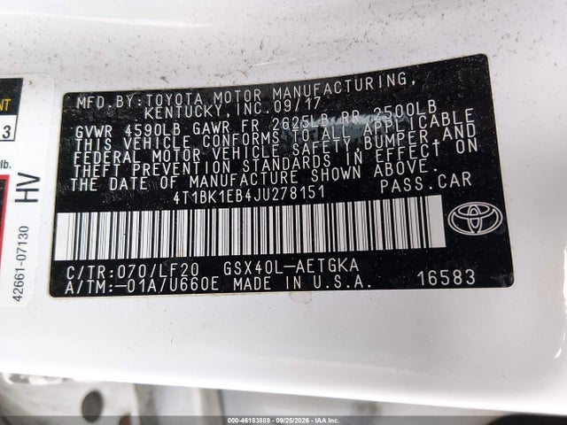 46183889 :رقم المزاد ، 4T1BK1EB4JU278151 vin ، 2018 Toyota Avalon Xle Premium مزاد بيع