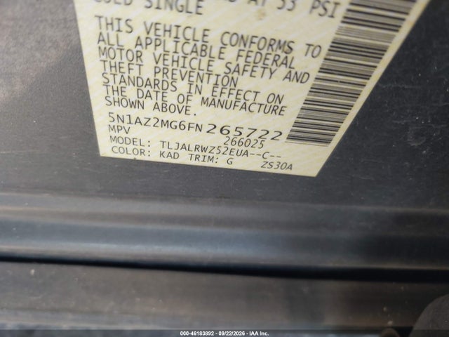 2015 Nissan Murano Sl მანქანა იყიდება აუქციონზე, vin: 5N1AZ2MG6FN265722, აუქციონის ნომერი: 46183892
