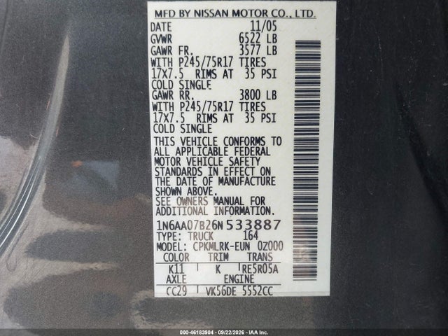 46183904 :رقم المزاد ، 1N6AA07B26N533887 vin ، 2006 Nissan Titan Xe مزاد بيع