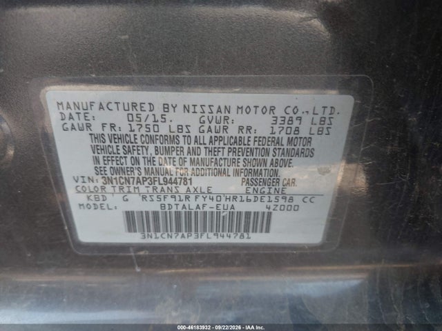 Nissan Versa 1.6 S 2015 3N1CN7AP3FL944781 Image 9