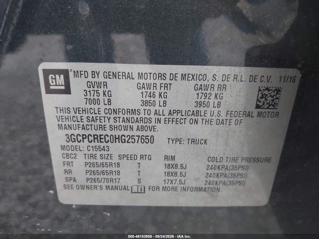 Aukcja sprzedaży 2017 Chevrolet Silverado 1500 1lt, vin: 3GCPCREC0HG257650, numer aukcji: 46183958