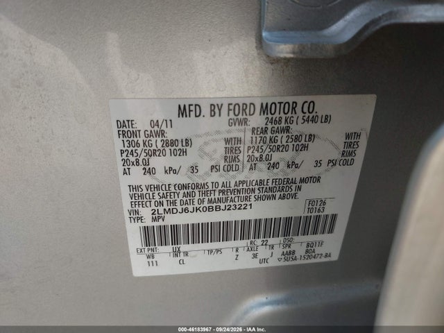 Aukcja sprzedaży 2011 Lincoln Mkx, vin: 2LMDJ6JK0BBJ23221, numer aukcji: 46183967