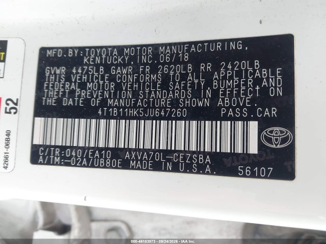 2018 Toyota Camry Se მანქანა იყიდება აუქციონზე, vin: 4T1B11HK5JU647260, აუქციონის ნომერი: 46183973