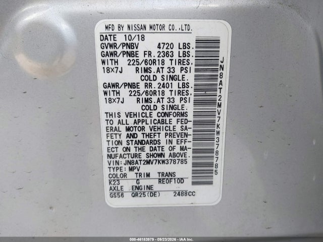 Aukcja sprzedaży 2019 Nissan Rogue Sv, vin: JN8AT2MV7KW378785, numer aukcji: 46183979