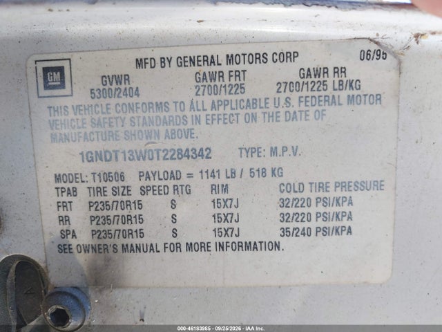 46183985 :رقم المزاد ، 1GNDT13W0T2284342 vin ، 1996 Chevrolet Blazer مزاد بيع