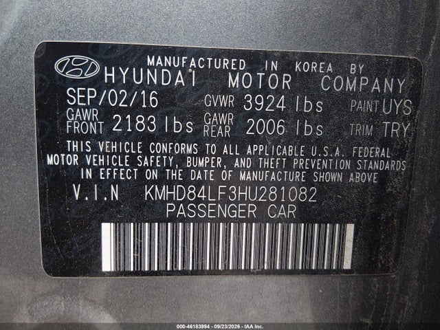 Aukcja sprzedaży 2017 Hyundai Elantra Limited, vin: KMHD84LF3HU281082, numer aukcji: 46183994