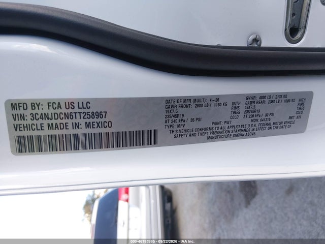 2026 Jeep Compass Limited Altitude მანქანა იყიდება აუქციონზე, vin: 3C4NJDCN6TT258967, აუქციონის ნომერი: 46183995
