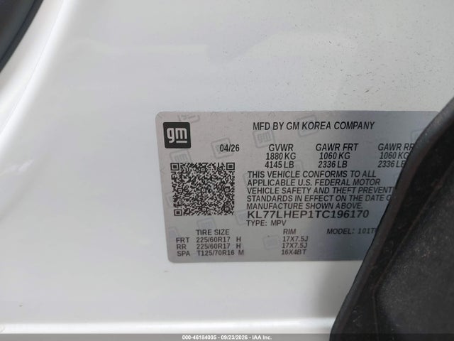 Продажа на аукционе авто 2026 Chevrolet Trax Fwd Lt, vin: KL77LHEP1TC196170, номер лота: 46184005