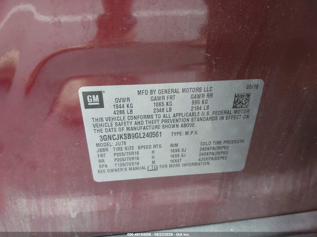 Продаж на аукціоні авто 2016 Chevrolet Trax 1ls, vin: 3GNCJKSB9GL240561, номер лоту: 46184006