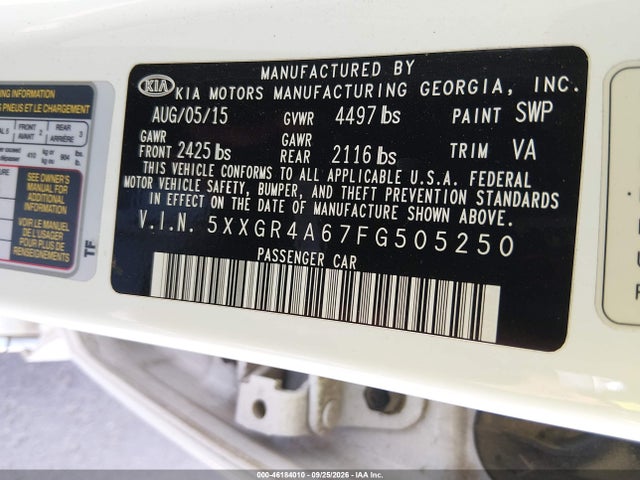 2015 Kia Optima Sxl Turbo მანქანა იყიდება აუქციონზე, vin: 5XXGR4A67FG505250, აუქციონის ნომერი: 46184010
