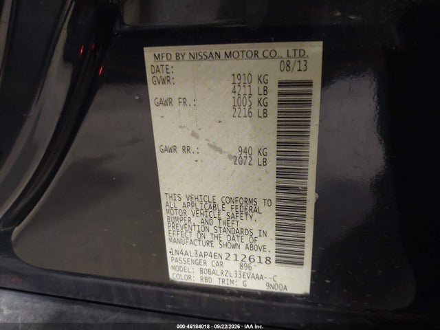 Продаж на аукціоні авто 2014 Nissan Altima 2.5 S, vin: 1N4AL3AP4EN212618, номер лоту: 46184018