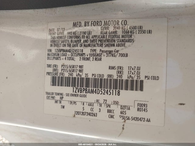 2013 Ford Mustang V6 მანქანა იყიდება აუქციონზე, vin: 1ZVBP8AM4D5245118, აუქციონის ნომერი: 46184021