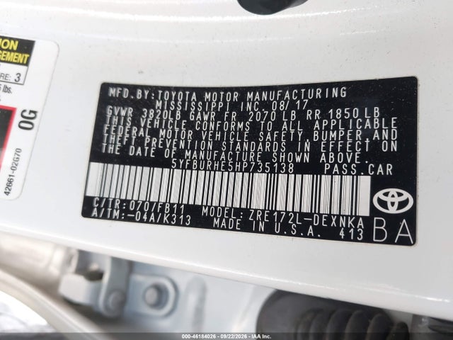 Продаж на аукціоні авто 2017 Toyota Corolla Le, vin: 5YFBURHE5HP735138, номер лоту: 46184026