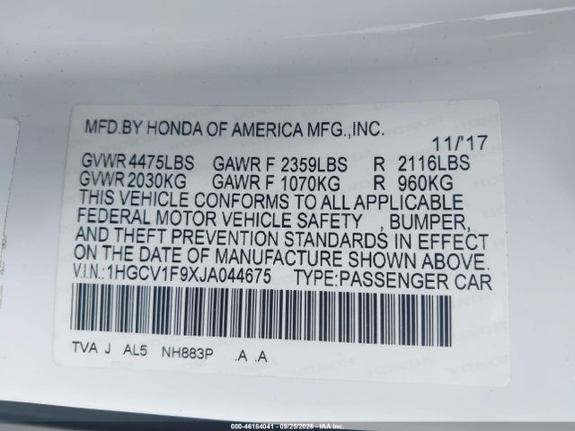 Продаж на аукціоні авто 2018 Honda Accord Touring, vin: 1HGCV1F9XJA044675, номер лоту: 46184041
