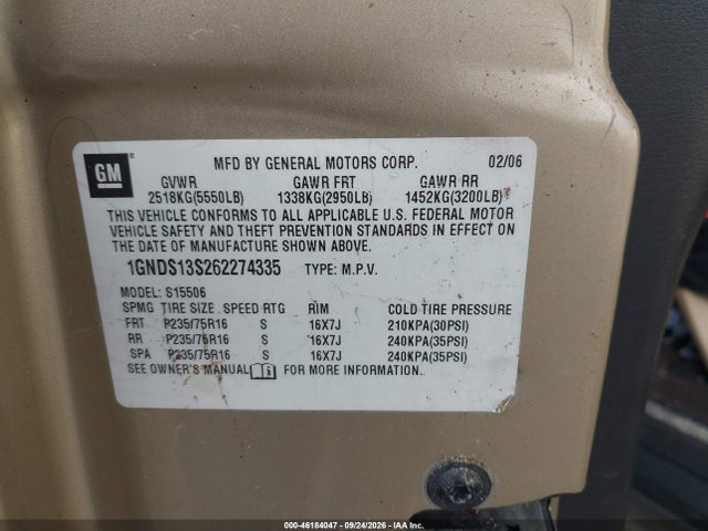 Продаж на аукціоні авто 2006 Chevrolet Trailblazer Ls, vin: 1GNDS13S262274335, номер лоту: 46184047